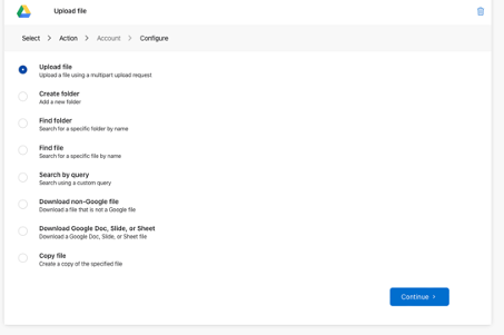 Capture d'écran de la configuration d'une action du connecteur Google Drive dans Claris Connect