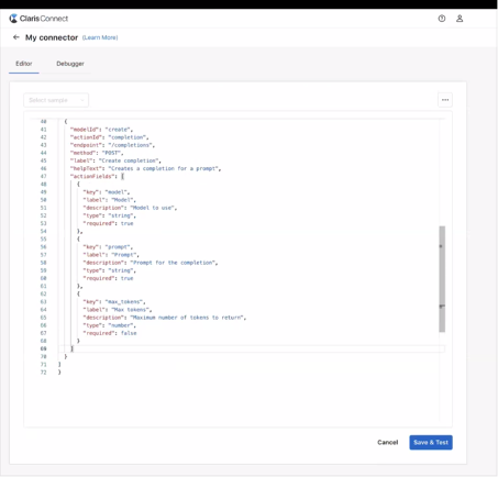 Capture d'écran d'un connecteur personnalisé Claris Connect : sa définition sous forme de code dans un éditeur