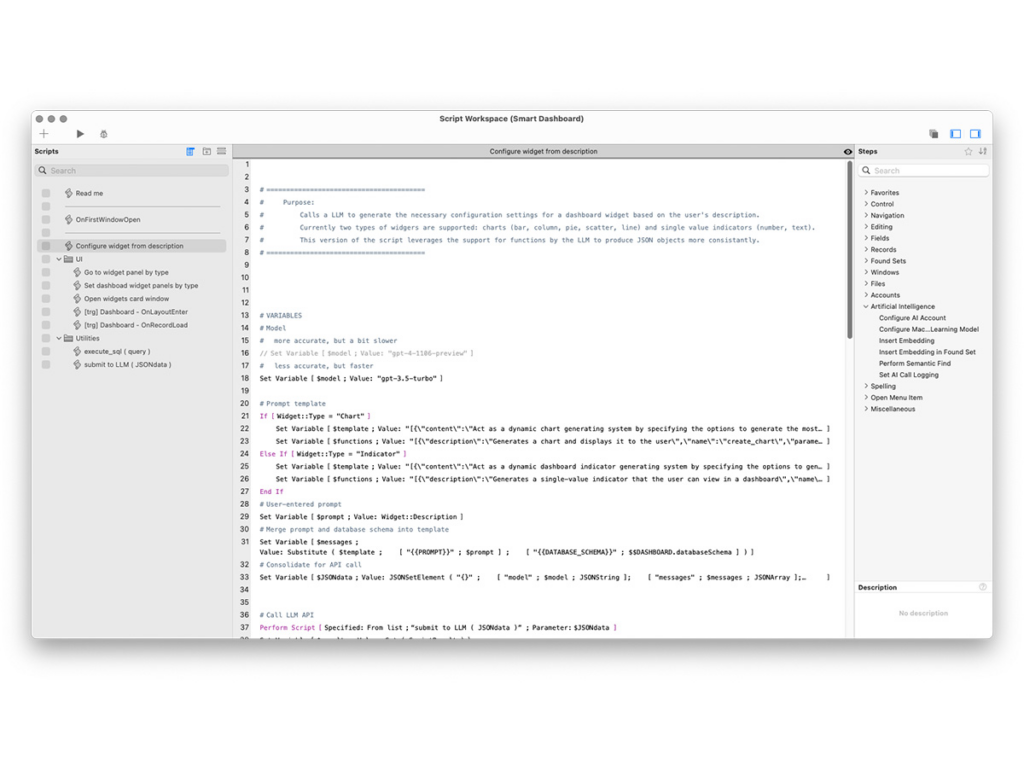 Capture de l'espace de scripts de FileMaker : script « Configure widget from description » et étapes d'IA