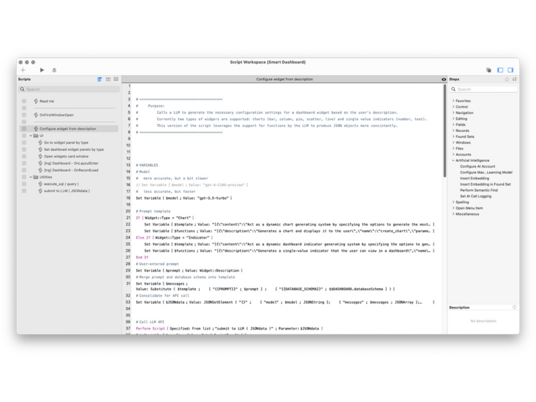 Capture de l'espace de scripts de FileMaker : script « Configure widget from description » et étapes d'IA
