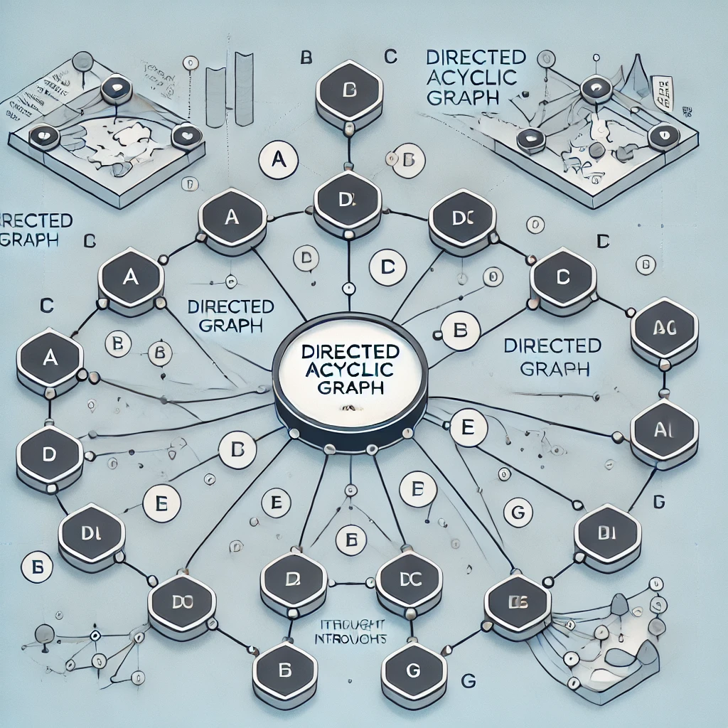 Illustration d'un graphe orienté acyclique : des nœuds lettrés reliés par des flèches, titrée « Directed Acyclic Graph »