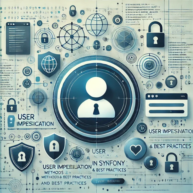 Illustration : bouclier, cadenas et avatar d'utilisateur, avec les mots « User impersonation in Symfony » et « Best practices »