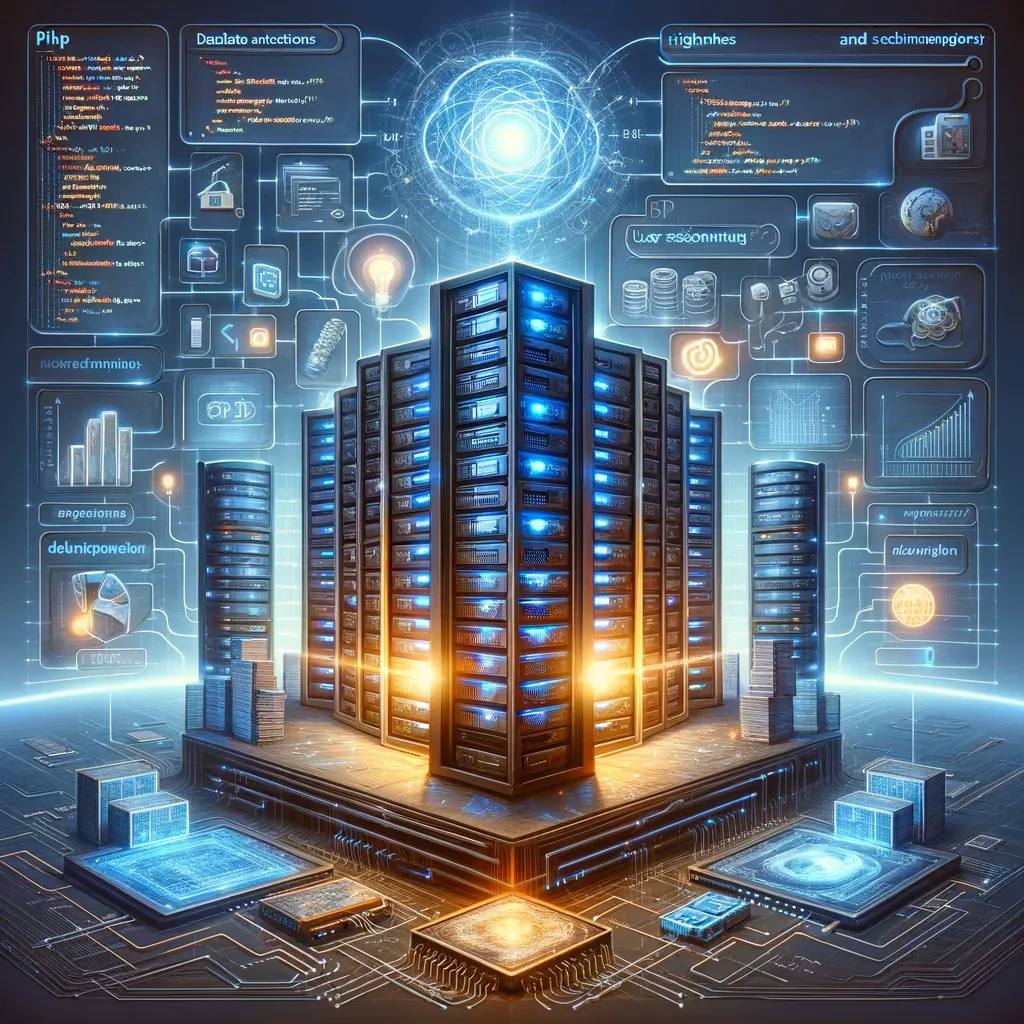 Illustration d'une tour de serveurs lumineuse au centre d'une interface numérique bleue