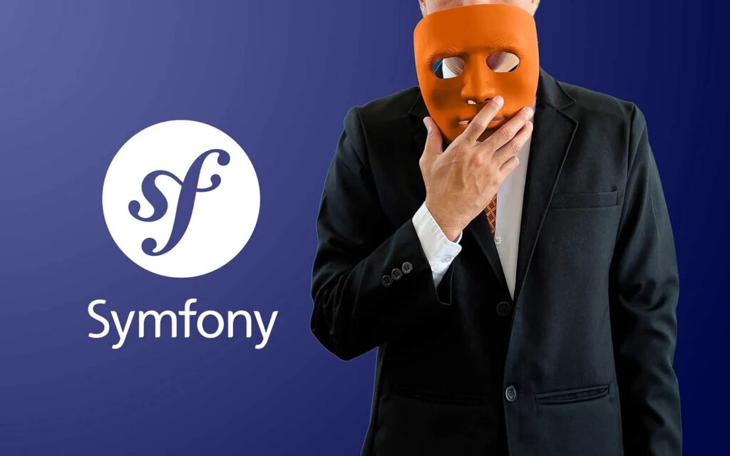 Logo Symfony et, à droite, un homme en costume au visage caché par un masque orange