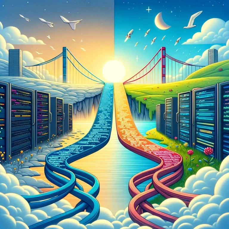 Illustration : deux chemins de câbles relient des baies de serveurs à un paysage de nature, ciel mi-jour mi-nuit