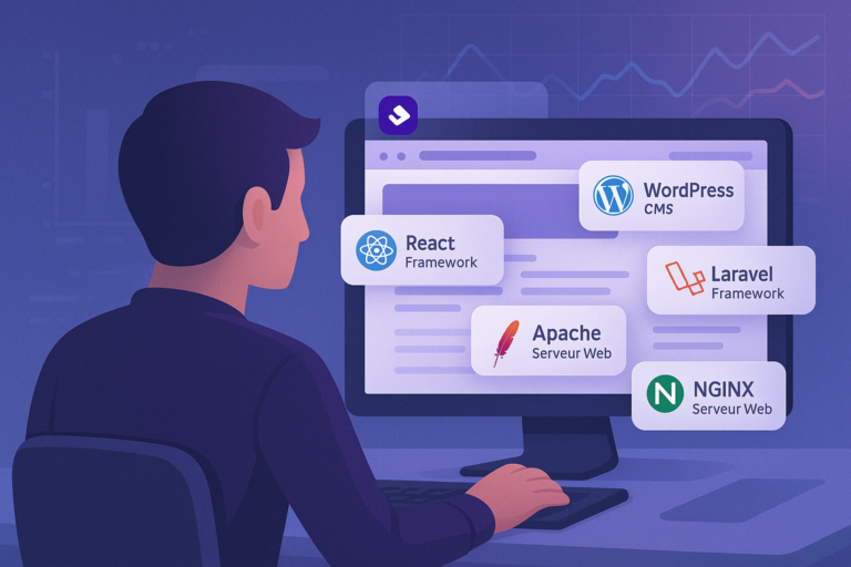 Illustration : une personne de dos devant un ordinateur, entourée d'étiquettes React, WordPress, Laravel, Apache et NGINX