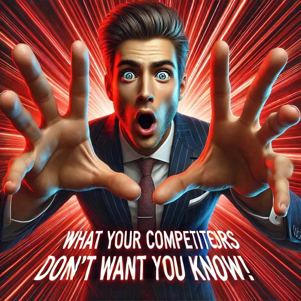 Illustration : un homme en costume stupéfait tend les mains vers l'écran, avec la phrase « What your competitors don't want you know! »