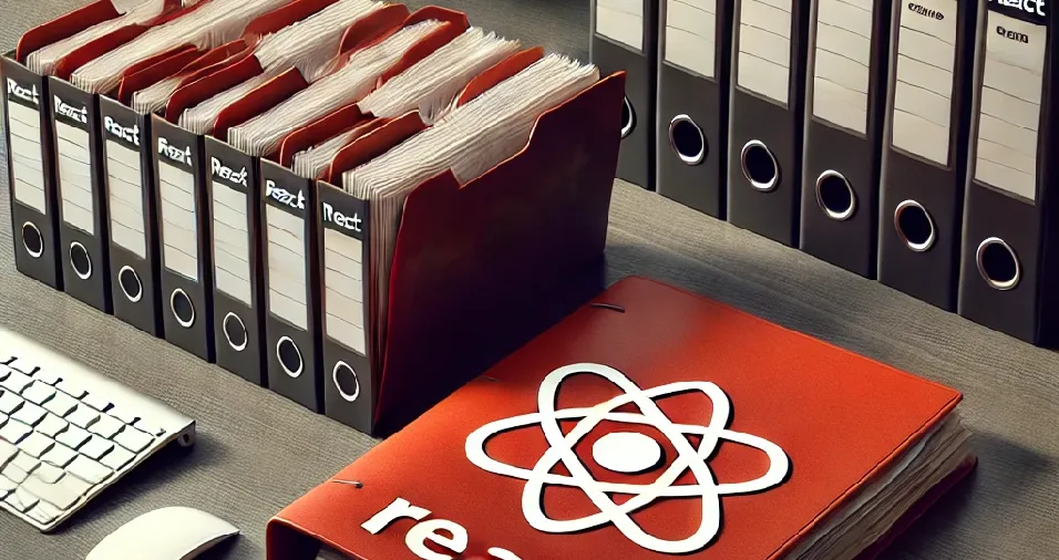 Illustration : des classeurs d'archives dont l'un porte le logo React, à côté d'un clavier