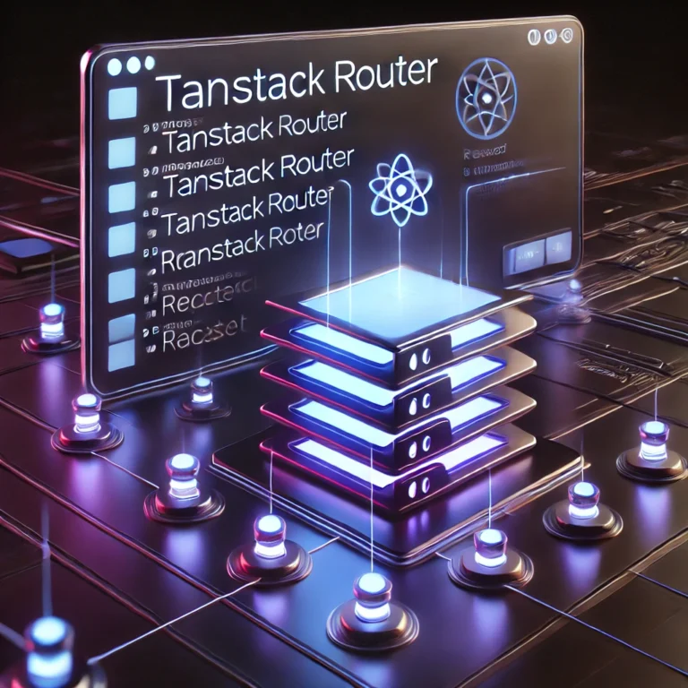 Illustration 3D d'un panneau flottant « Tanstack Router » au-dessus de couches lumineuses, avec le logo React