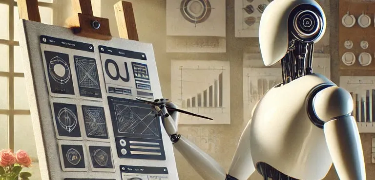 Illustration : un robot humanoïde blanc dessine sur un chevalet des maquettes d'interface
