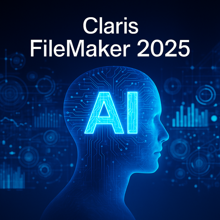 Silhouette de tête lumineuse portant les lettres « AI », avec le texte « Claris FileMaker 2025 »
