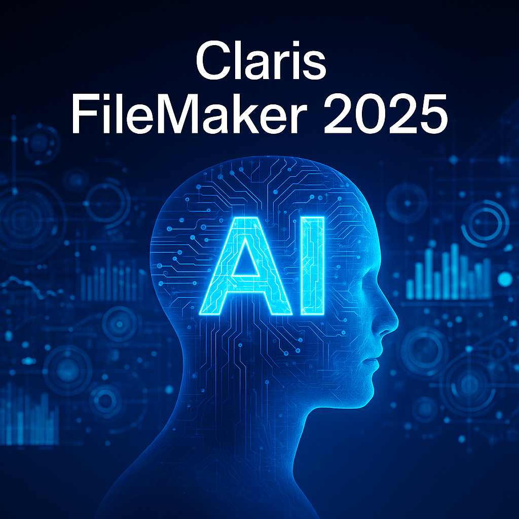 Silhouette de tête lumineuse portant les lettres « AI », avec le texte « Claris FileMaker 2025 »